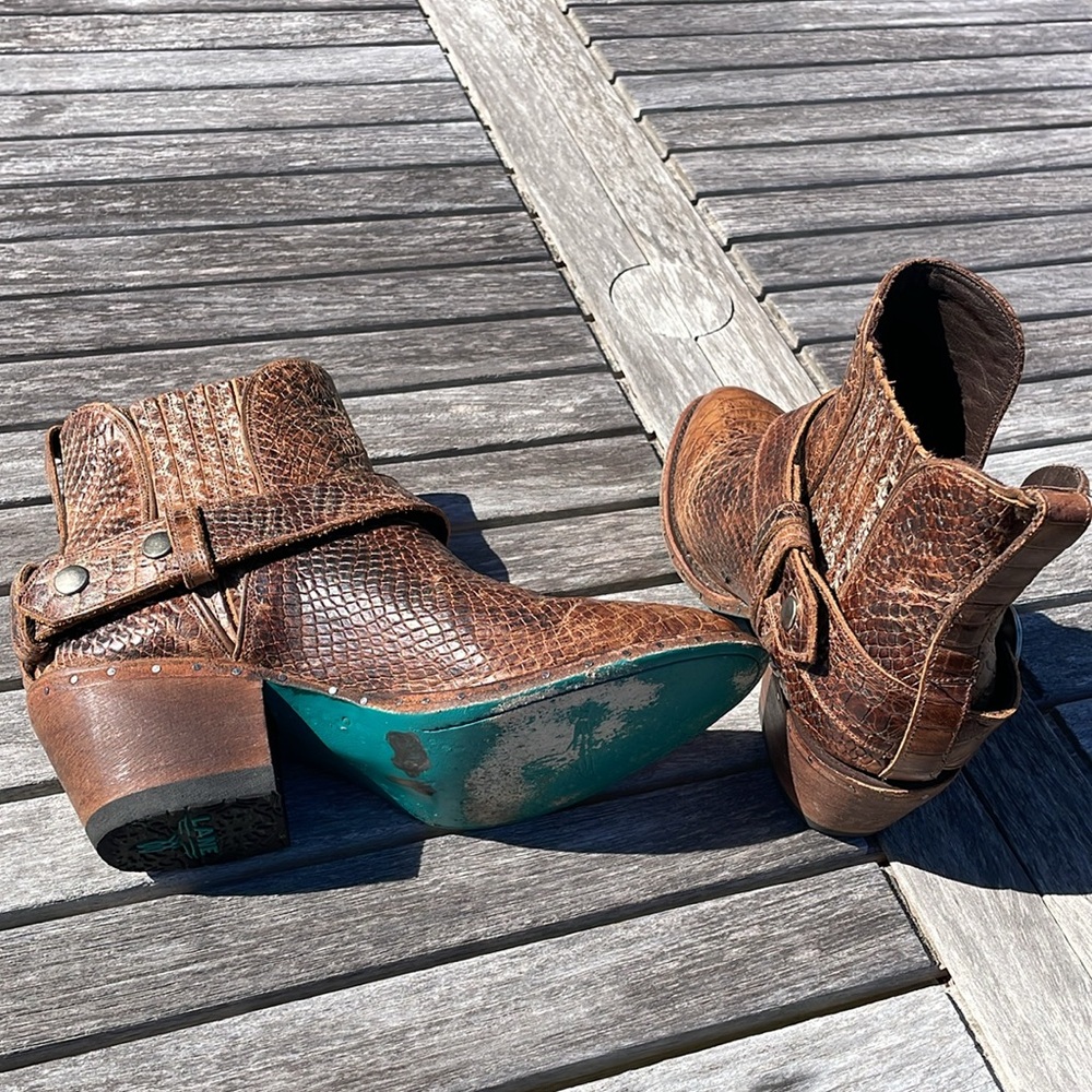 Lane Mattie Sz 7.5 Brown Croc Leather Western Ankle Booties - Picture 12 of 15